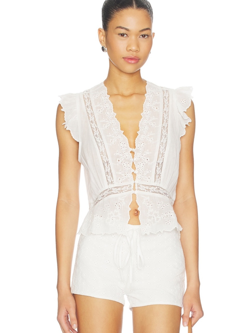 NWT Free People Women's White Eyelet Lace Trim Top
